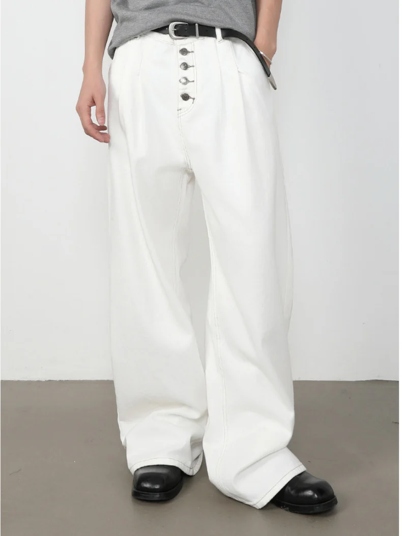 Retro Straight-fit Double Pleat Button Loose-fit Denim Pants - Image 6