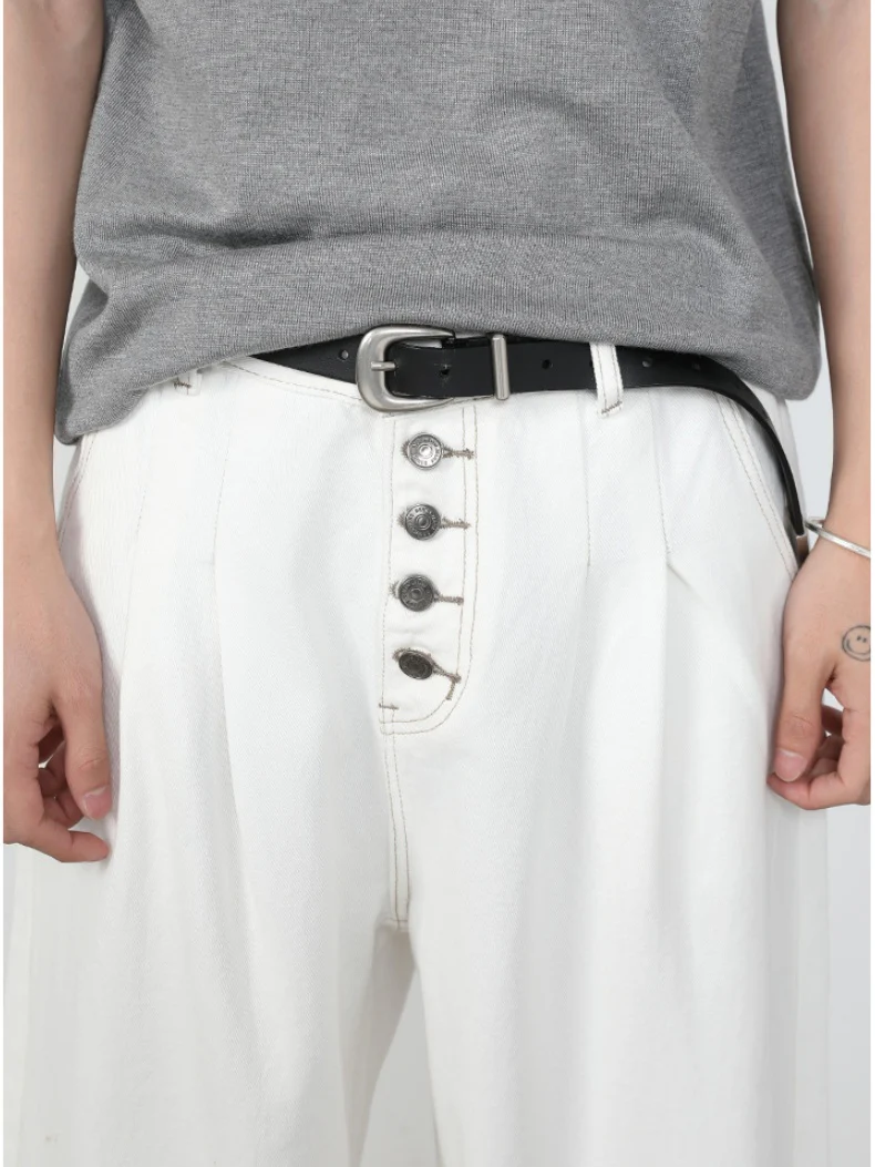 Retro Straight-fit Double Pleat Button Loose-fit Denim Pants - Image 7