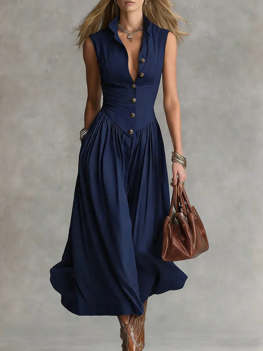 Lapel Sleeveless Buttons Maxi Dresses - Image 2
