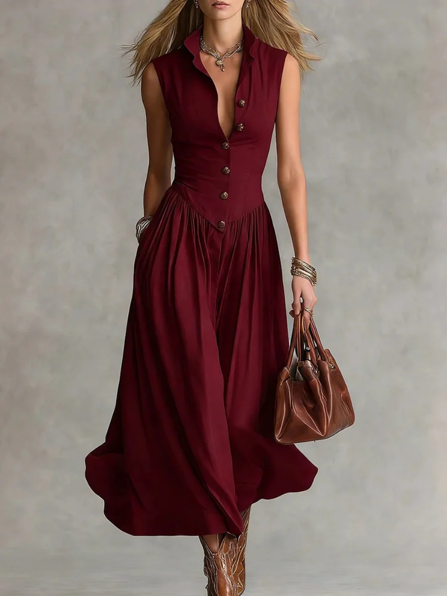 Lapel Sleeveless Buttons Maxi Dresses - Image 3