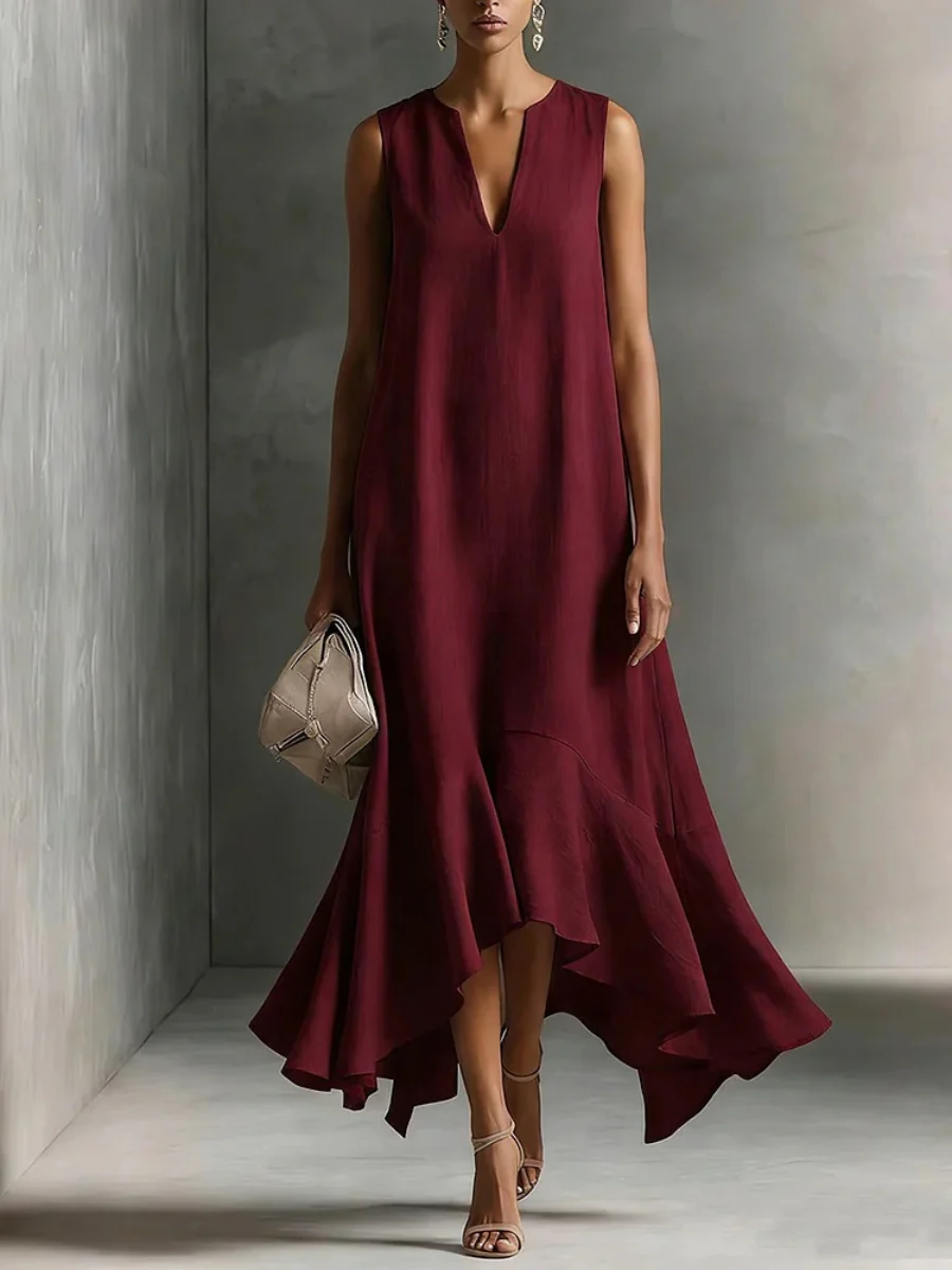 Sleeveless Irregular Hem Deep V-neck Maxi Dresses - Image 2