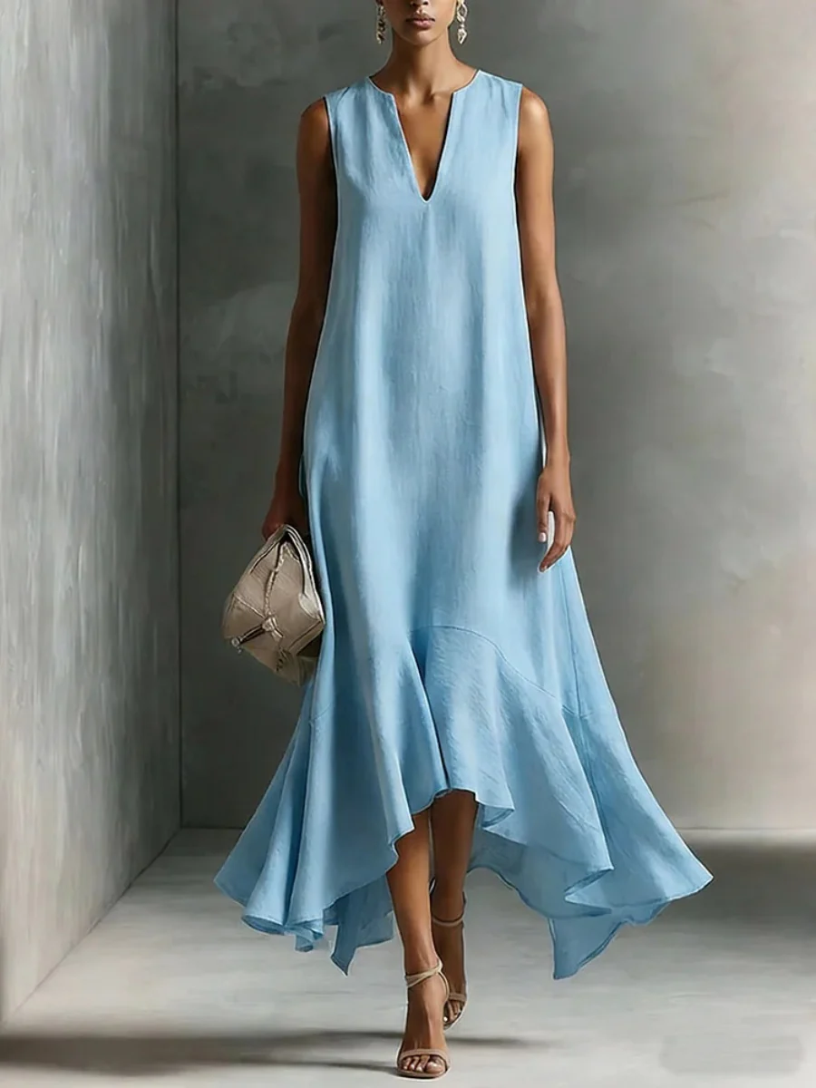 Sleeveless Irregular Hem Deep V-neck Maxi Dresses - Image 3