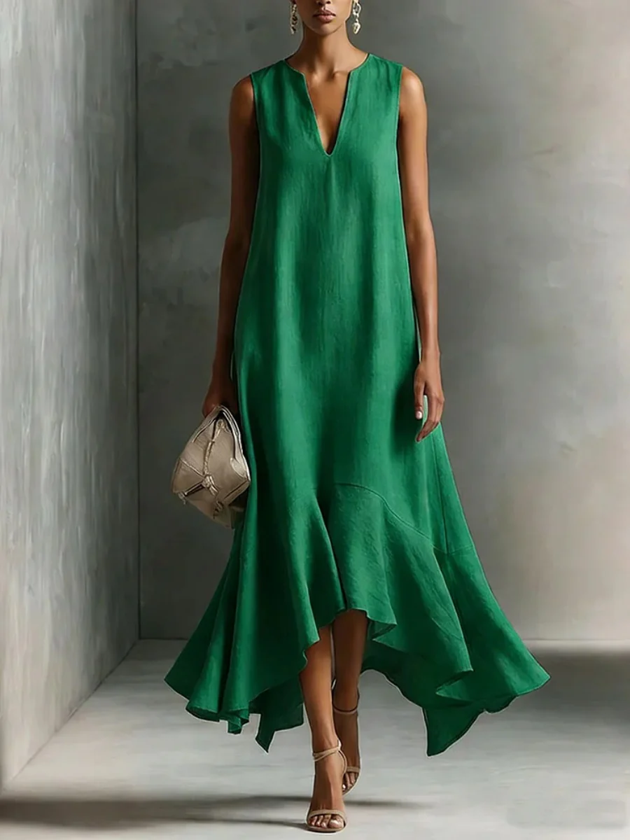 Sleeveless Irregular Hem Deep V-neck Maxi Dresses - Image 4