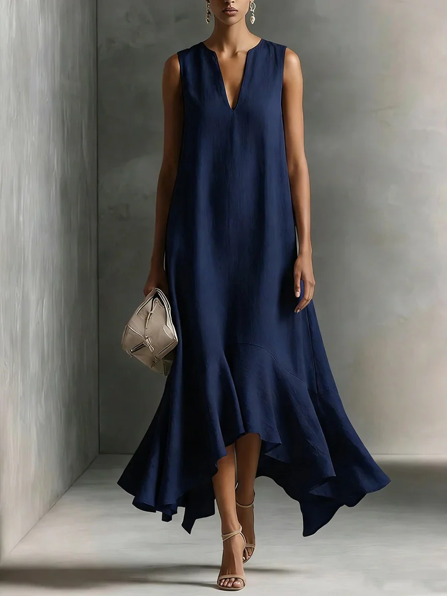 Sleeveless Irregular Hem Deep V-neck Maxi Dresses - Image 5