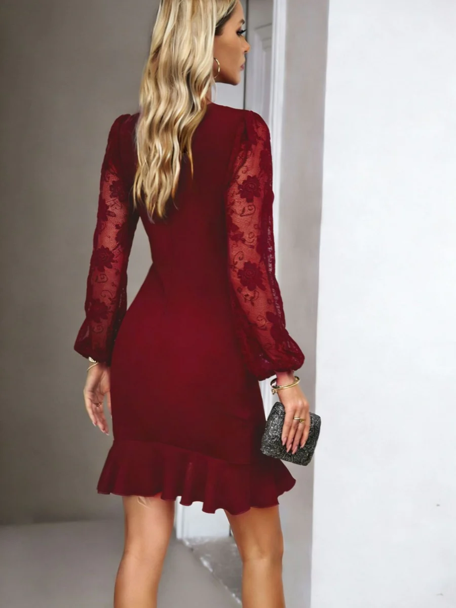 Lace-trimmed Puff Sleeves Ruffled Cross Hem Midi Dresses - Image 5