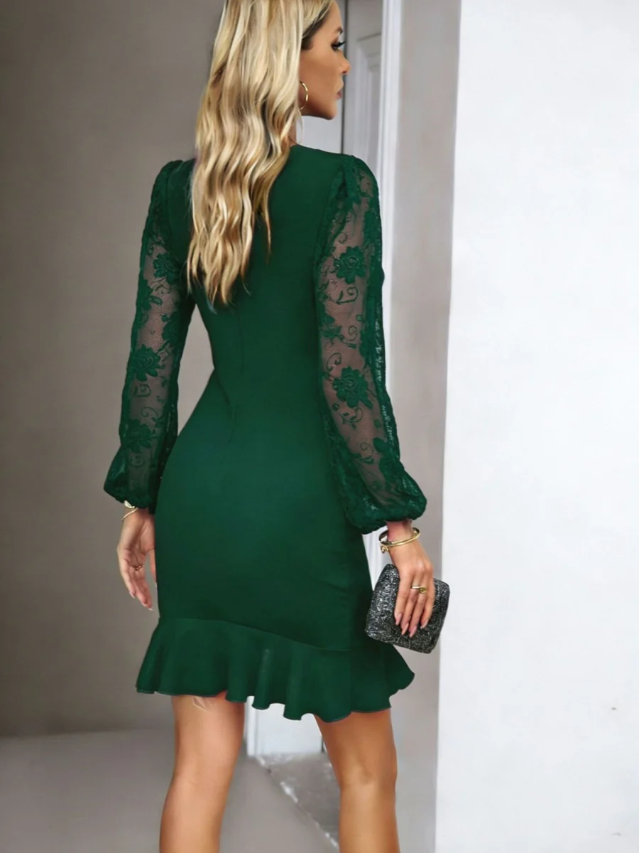 Lace-trimmed Puff Sleeves Ruffled Cross Hem Midi Dresses - Image 8