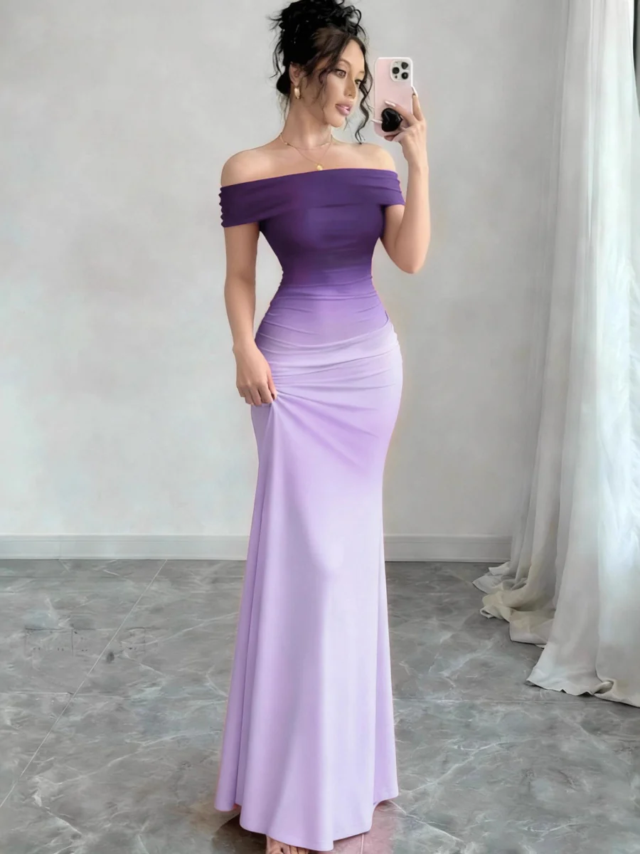 Off Shoulder Hip-hugging Gradient Maxi Dresses - Image 2
