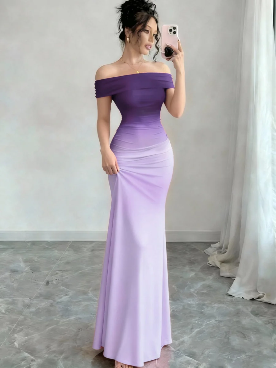 Off Shoulder Hip-hugging Gradient Maxi Dresses - Image 4