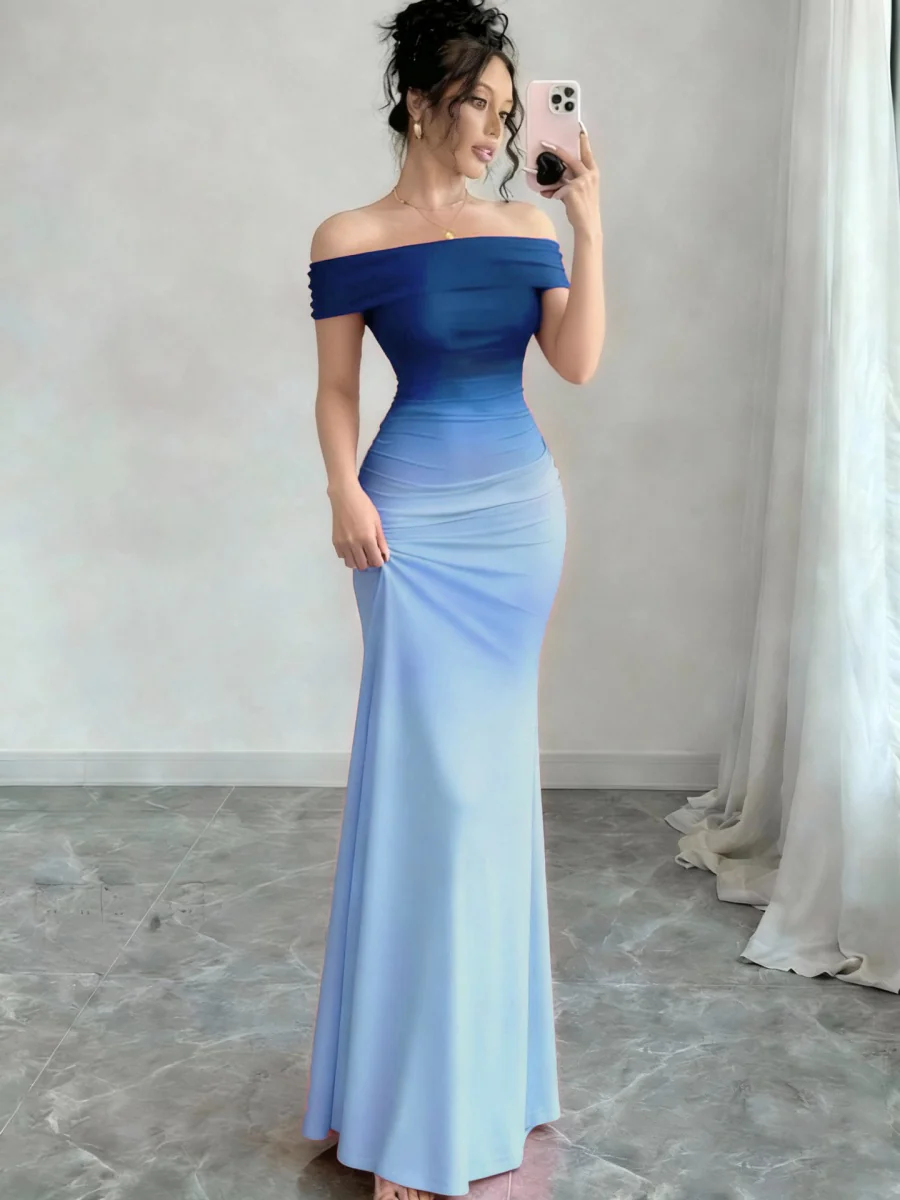 Off Shoulder Hip-hugging Gradient Maxi Dresses - Image 5