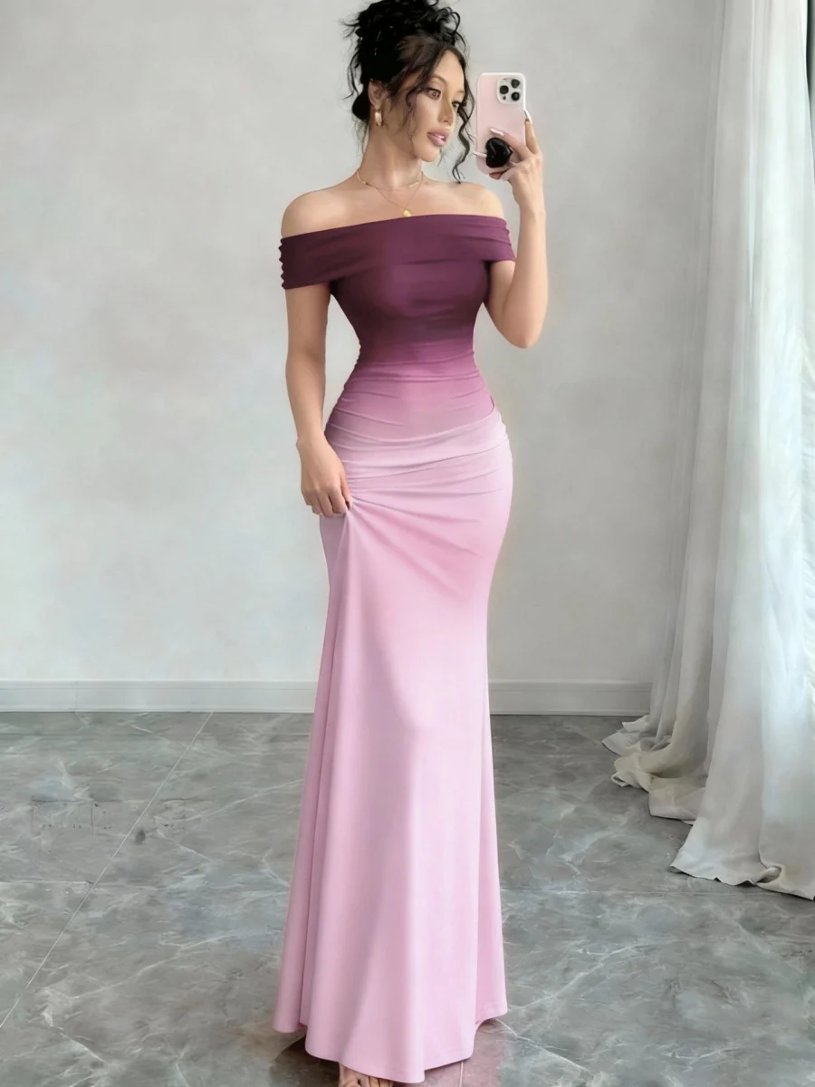 Off Shoulder Hip-hugging Gradient Maxi Dresses - Image 6