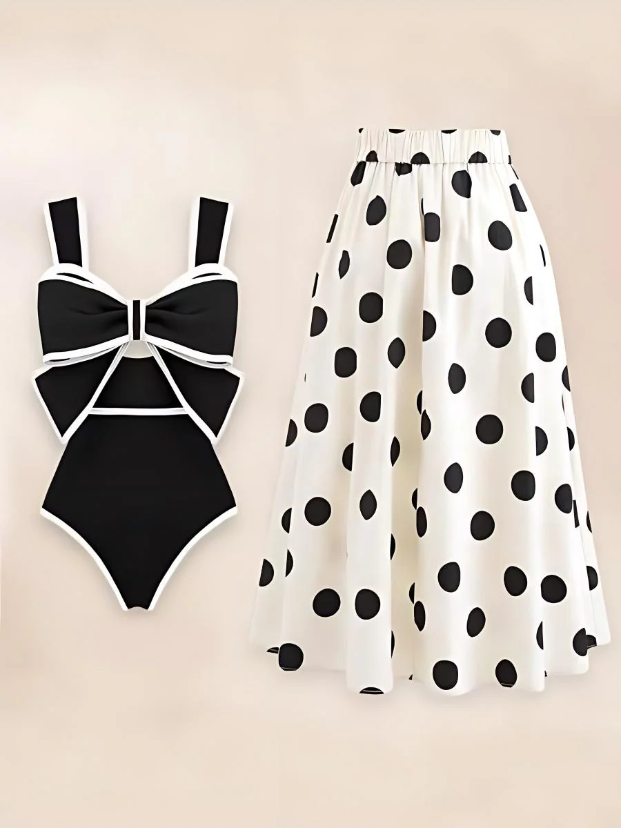 Black And White Color-blocked One-piece Swimsuit With Polka Dot Sun Protection Maxi Dress Two-piece Set