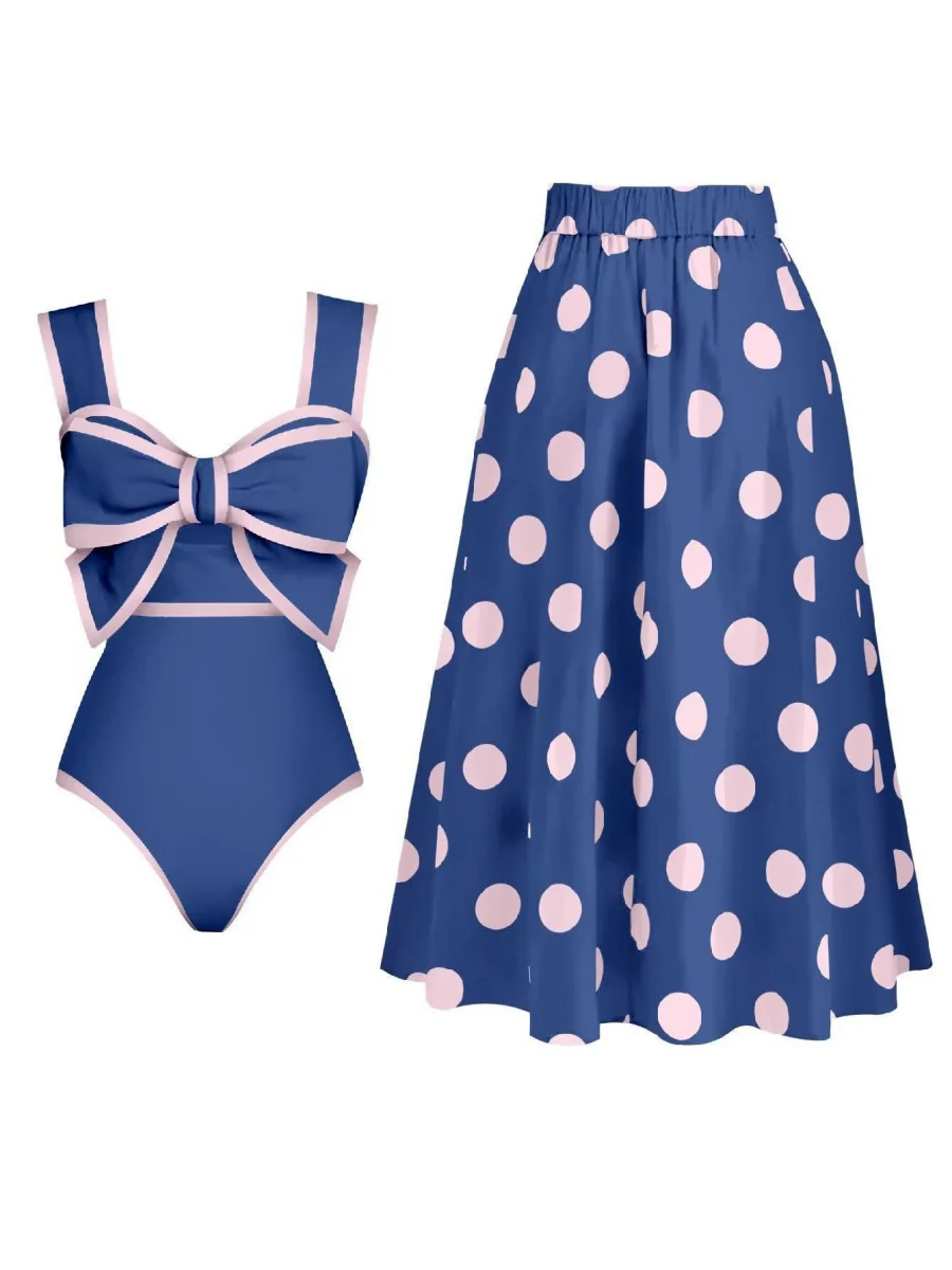 Black And White Color-blocked One-piece Swimsuit With Polka Dot Sun Protection Maxi Dress Two-piece Set - Image 11