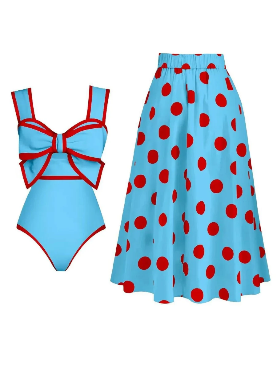 Black And White Color-blocked One-piece Swimsuit With Polka Dot Sun Protection Maxi Dress Two-piece Set - Image 14