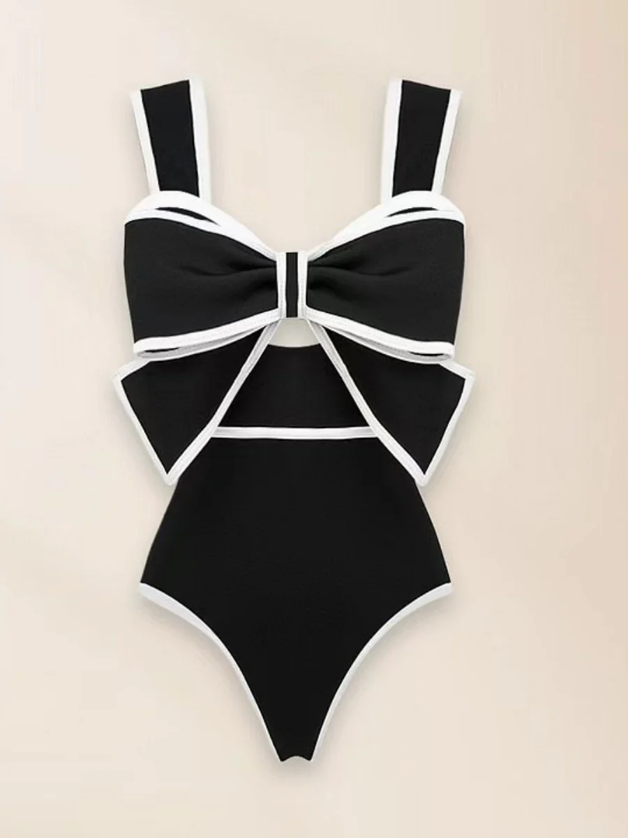 Black And White Color-blocked One-piece Swimsuit With Polka Dot Sun Protection Maxi Dress Two-piece Set - Image 2