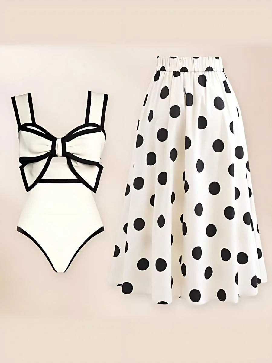 Black And White Color-blocked One-piece Swimsuit With Polka Dot Sun Protection Maxi Dress Two-piece Set - Image 4