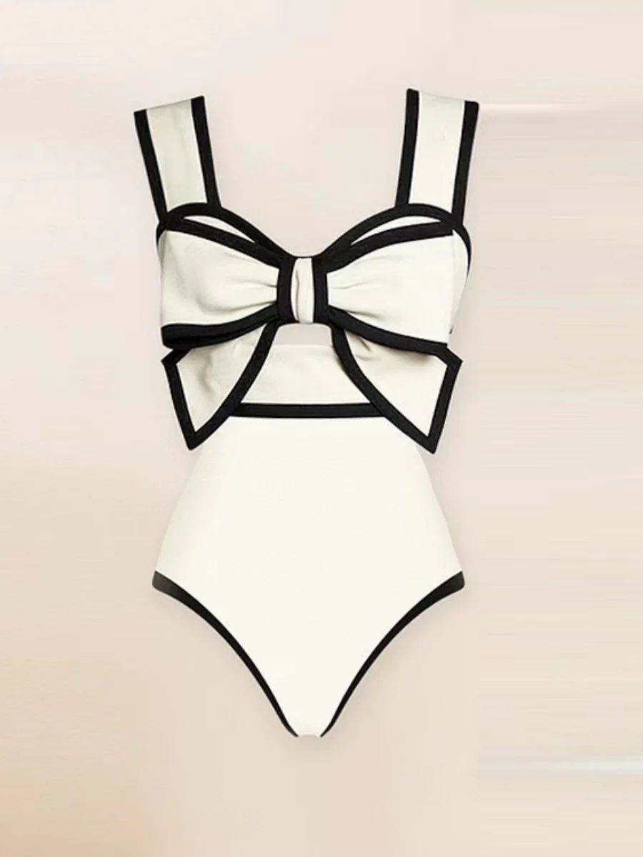 Black And White Color-blocked One-piece Swimsuit With Polka Dot Sun Protection Maxi Dress Two-piece Set - Image 5