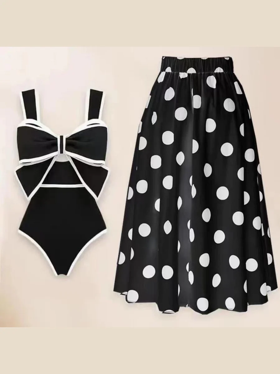 Black And White Color-blocked One-piece Swimsuit With Polka Dot Sun Protection Maxi Dress Two-piece Set - Image 9