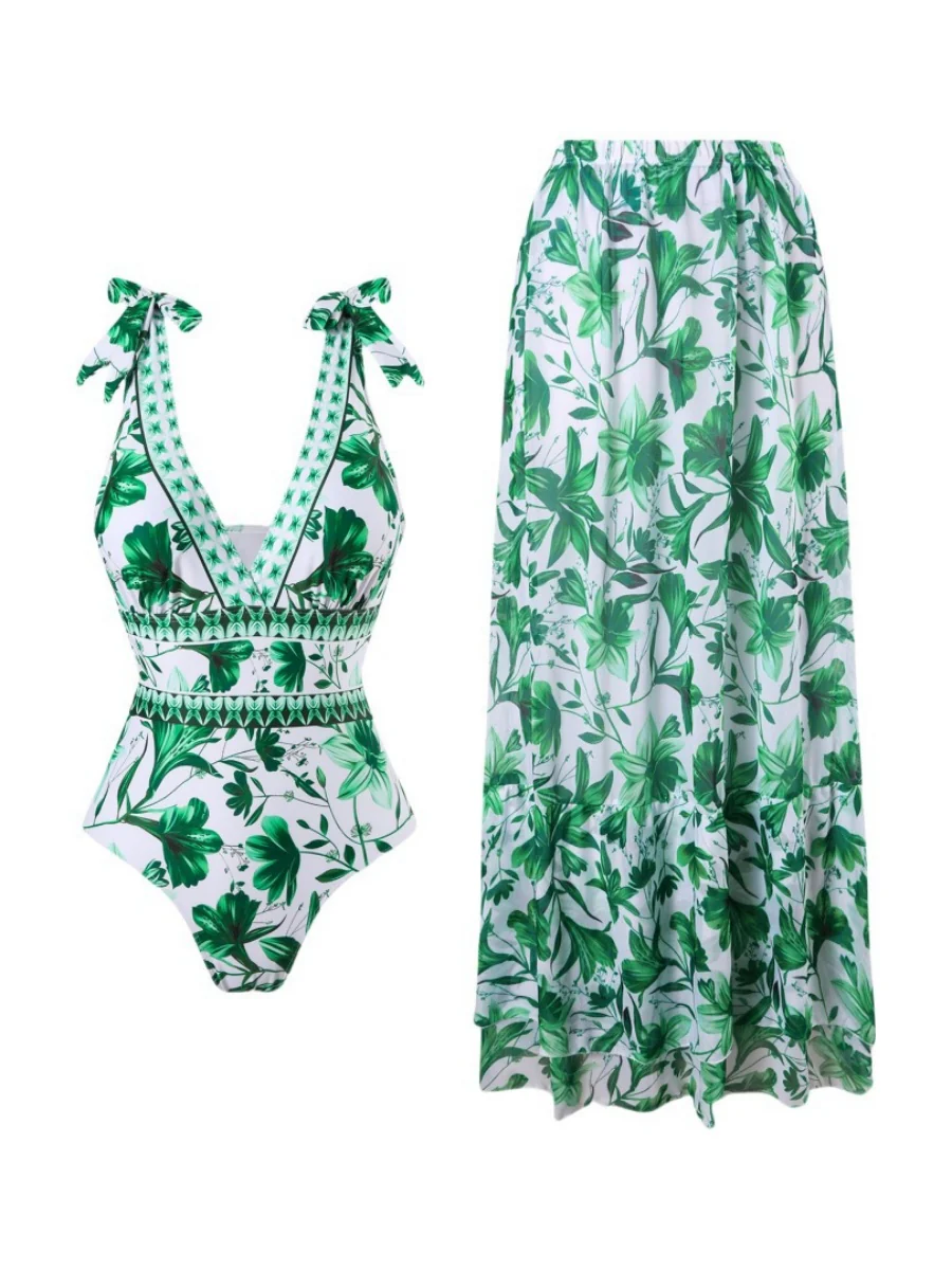 Blue And White Porcelain Print One-piece Slimming And Figure-flattering Long Swimsuit And Sun Protection Dress Two-piece Set - Image 10