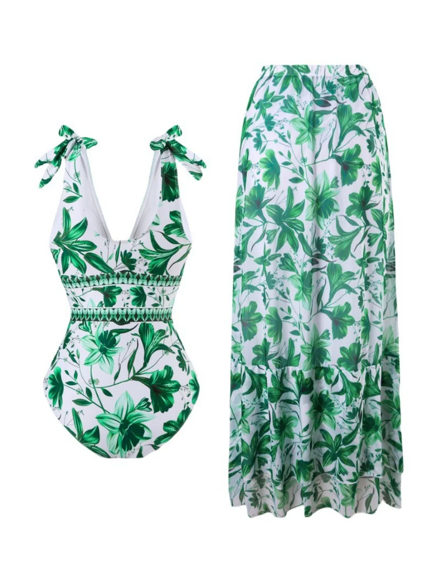 Blue And White Porcelain Print One-piece Slimming And Figure-flattering Long Swimsuit And Sun Protection Dress Two-piece Set - Image 11