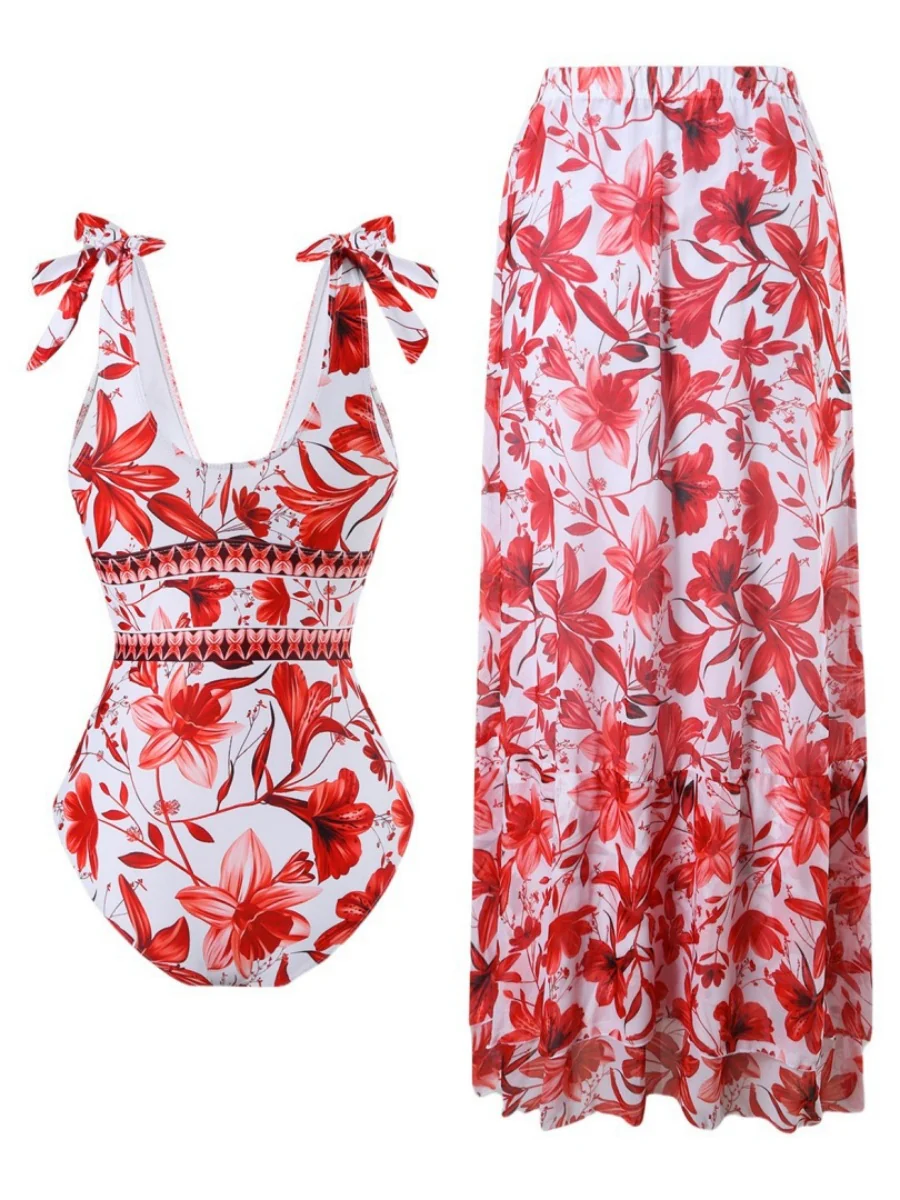 Blue And White Porcelain Print One-piece Slimming And Figure-flattering Long Swimsuit And Sun Protection Dress Two-piece Set - Image 18