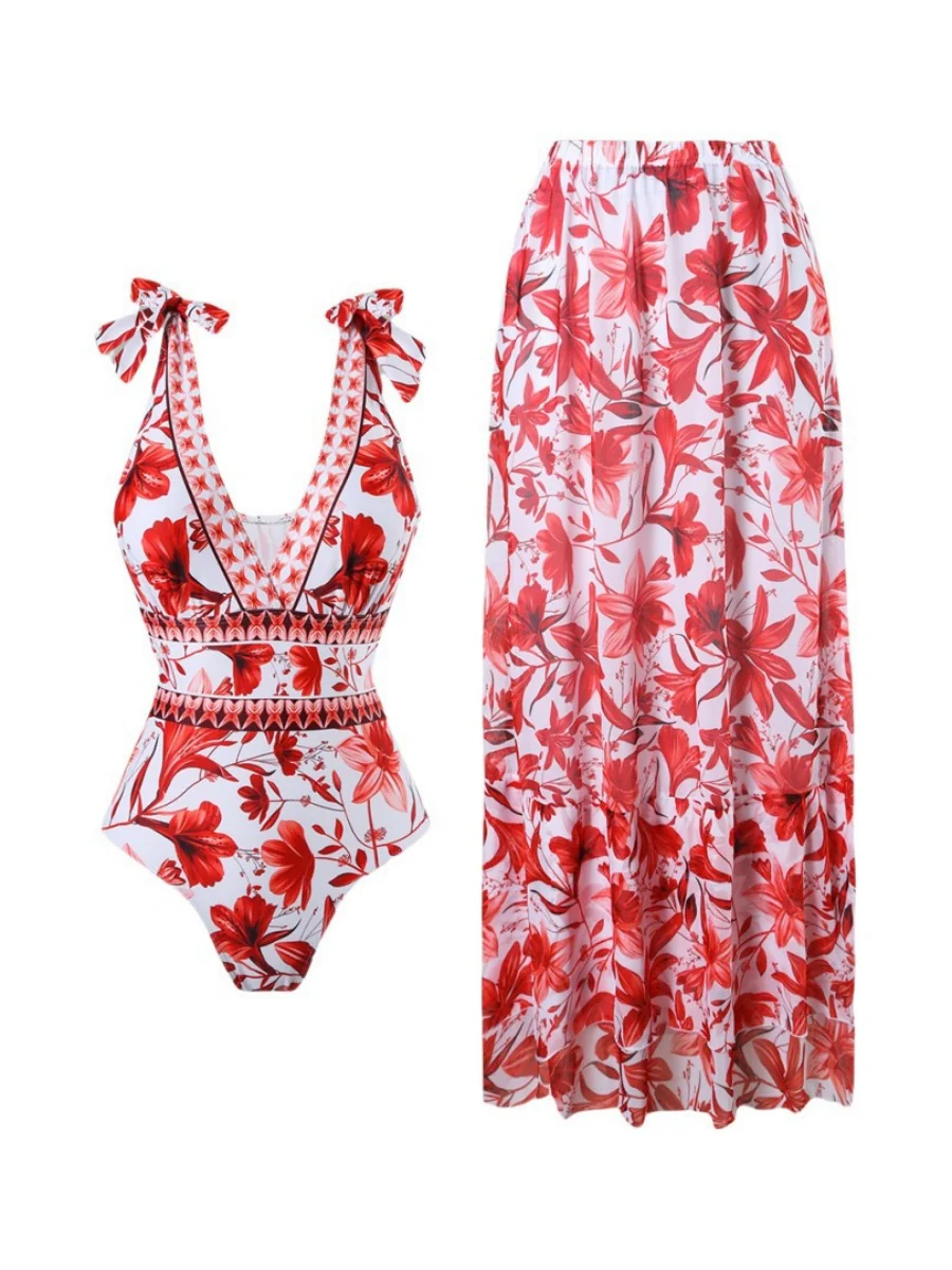 Blue And White Porcelain Print One-piece Slimming And Figure-flattering Long Swimsuit And Sun Protection Dress Two-piece Set - Image 19