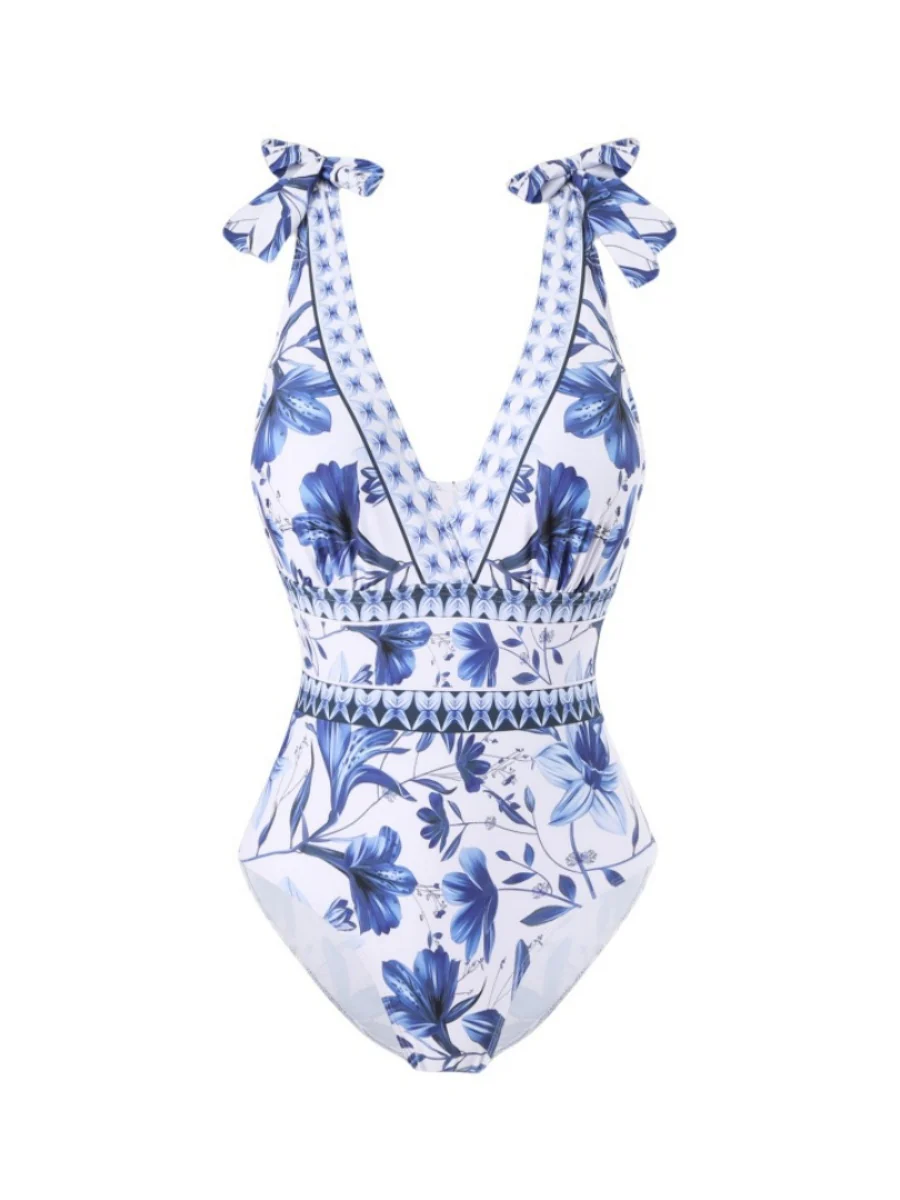 Blue And White Porcelain Print One-piece Slimming And Figure-flattering Long Swimsuit And Sun Protection Dress Two-piece Set - Image 2