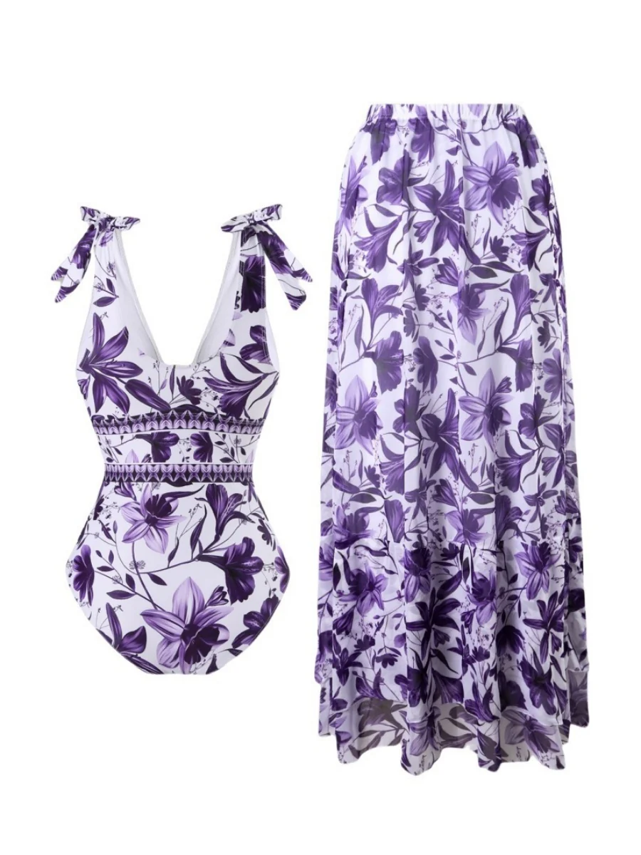 Blue And White Porcelain Print One-piece Slimming And Figure-flattering Long Swimsuit And Sun Protection Dress Two-piece Set - Image 27