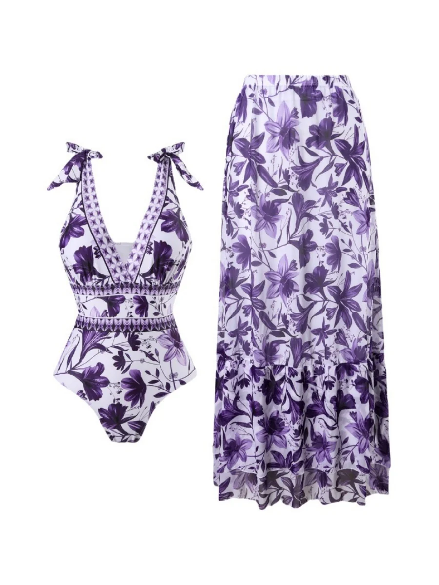 Blue And White Porcelain Print One-piece Slimming And Figure-flattering Long Swimsuit And Sun Protection Dress Two-piece Set - Image 28