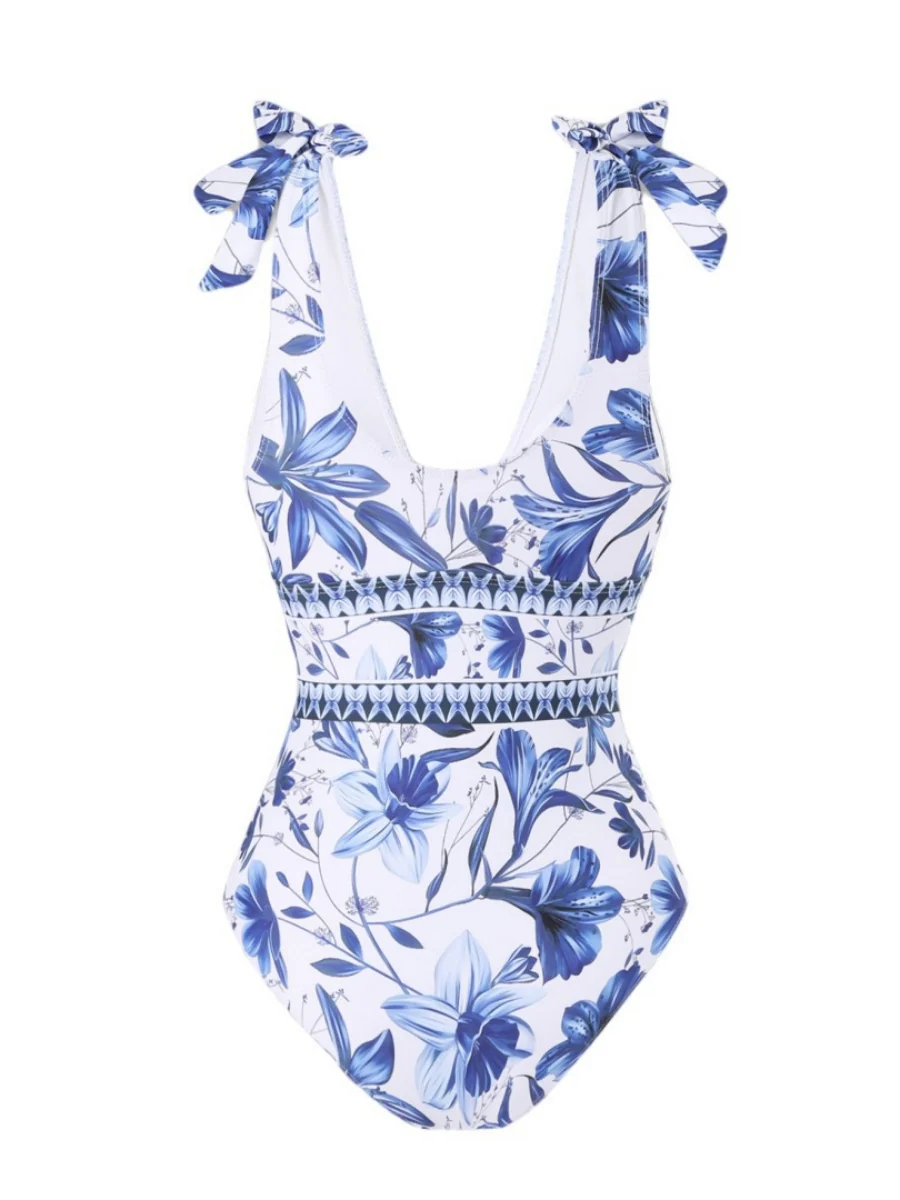 Blue And White Porcelain Print One-piece Slimming And Figure-flattering Long Swimsuit And Sun Protection Dress Two-piece Set - Image 3