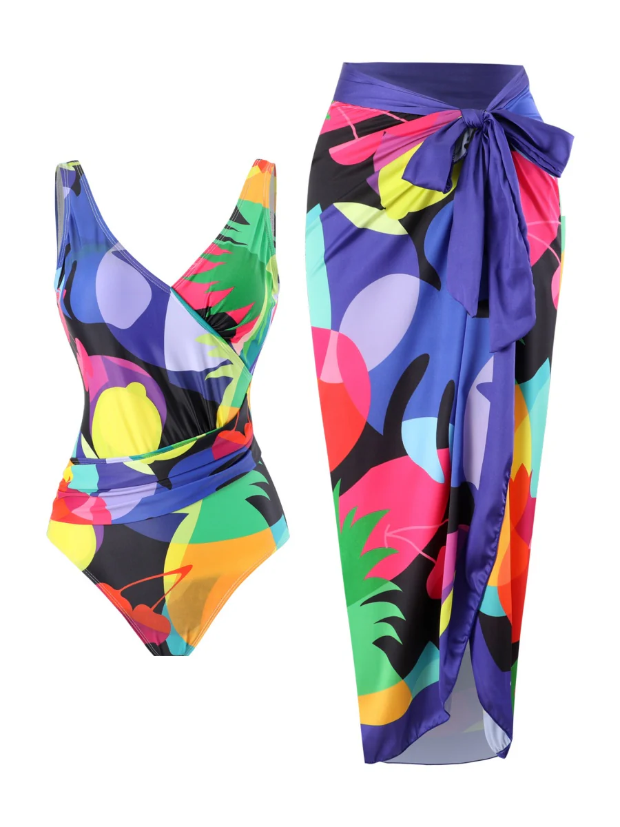 One-piece Swimsuit With Cross-over Print, Revealing Backpack And Hip-revealing Long Skirt (two-piece Set) - Image 10