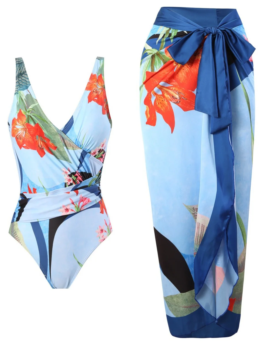 One-piece Swimsuit With Cross-over Print, Revealing Backpack And Hip-revealing Long Skirt (two-piece Set) - Image 18