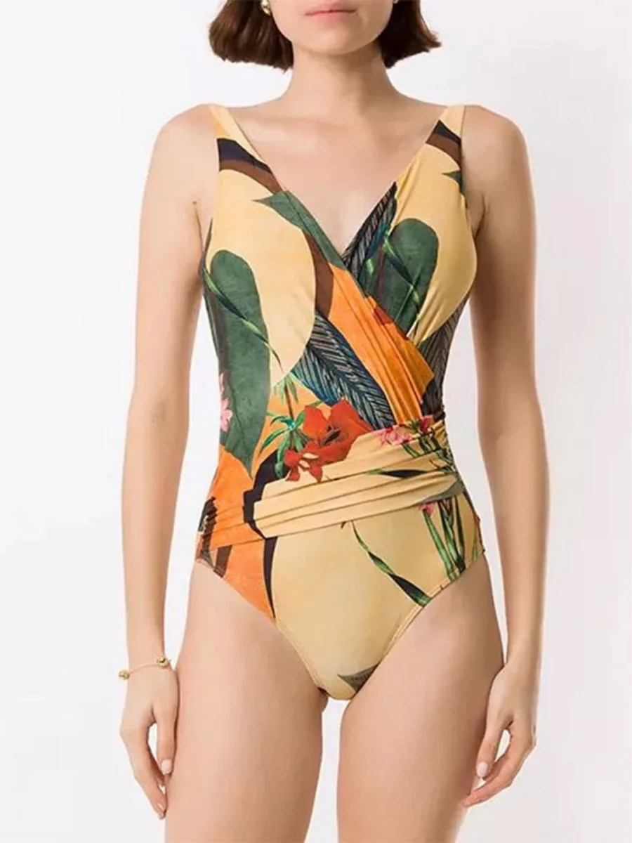 One-piece Swimsuit With Cross-over Print, Revealing Backpack And Hip-revealing Long Skirt (two-piece Set) - Image 2