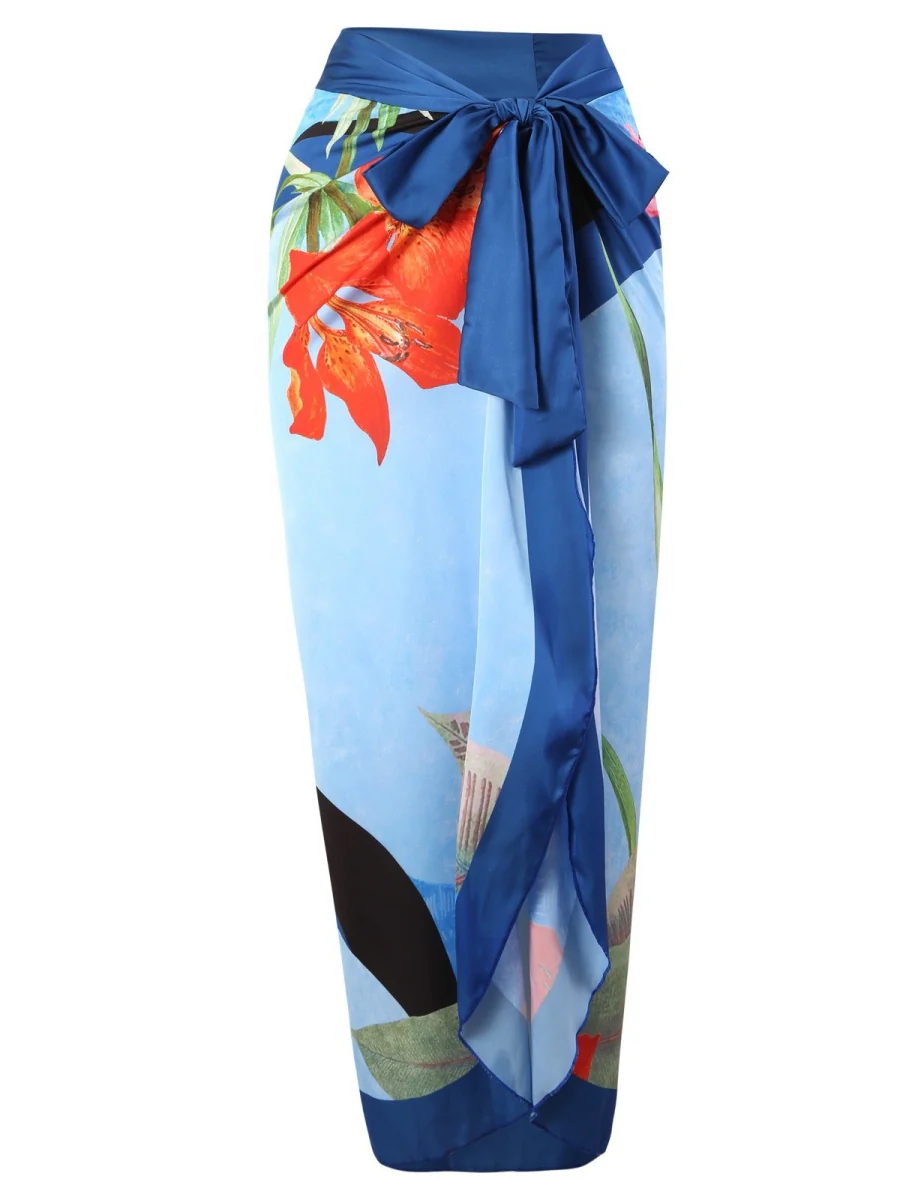 One-piece Swimsuit With Cross-over Print, Revealing Backpack And Hip-revealing Long Skirt (two-piece Set) - Image 21