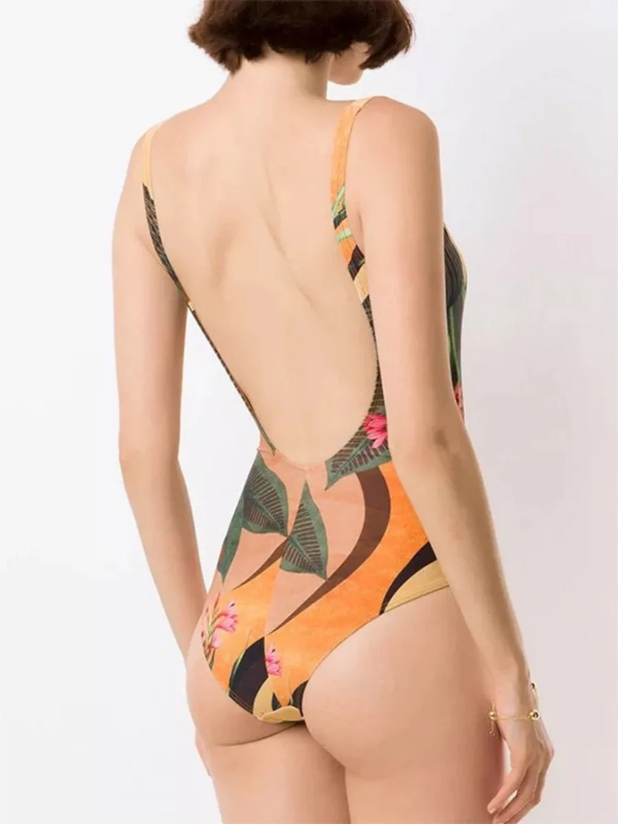 One-piece Swimsuit With Cross-over Print, Revealing Backpack And Hip-revealing Long Skirt (two-piece Set) - Image 3