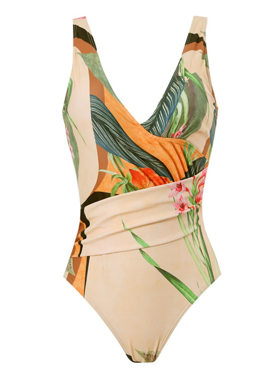 One-piece Swimsuit With Cross-over Print, Revealing Backpack And Hip-revealing Long Skirt (two-piece Set) - Image 4