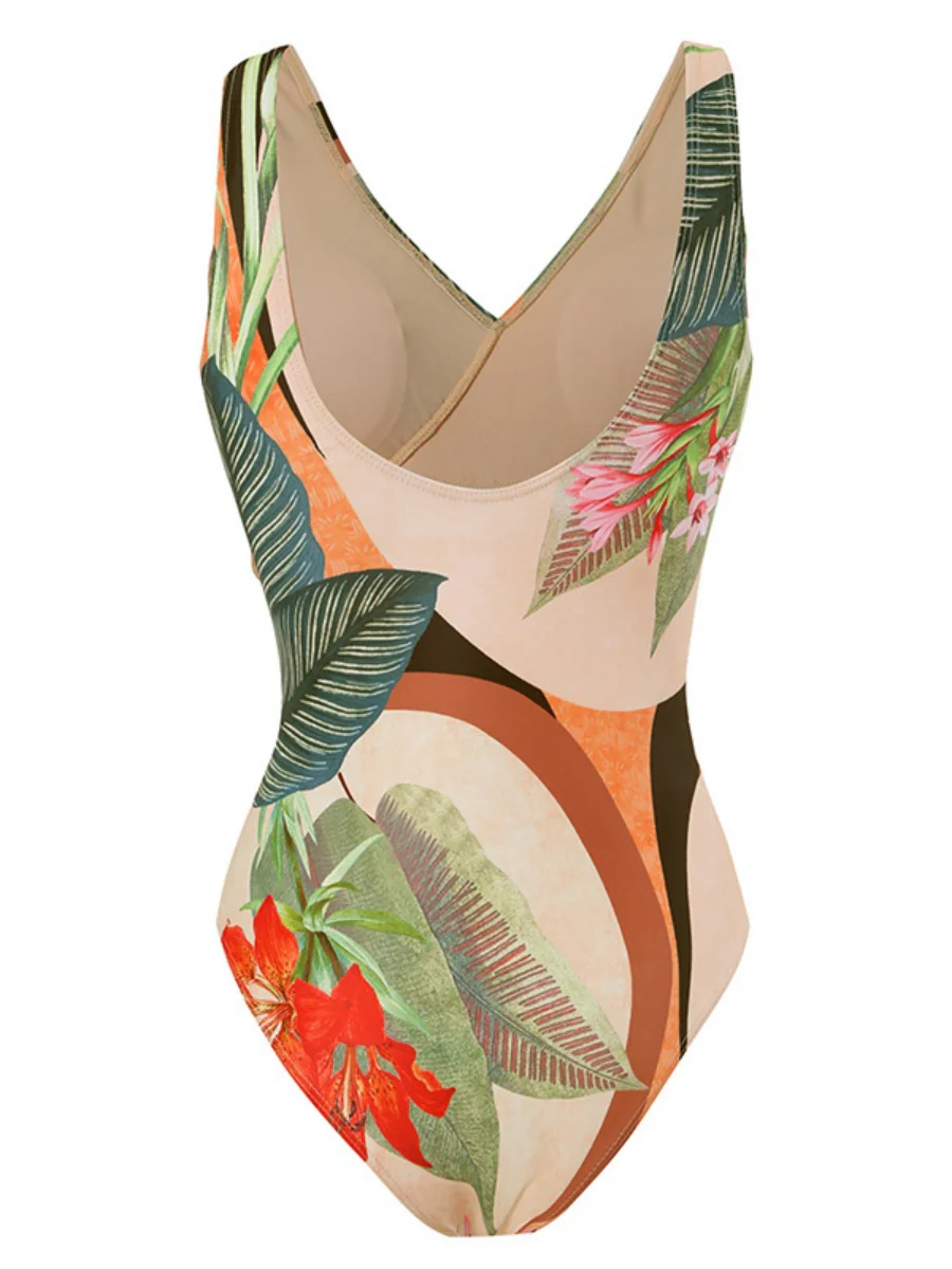 One-piece Swimsuit With Cross-over Print, Revealing Backpack And Hip-revealing Long Skirt (two-piece Set) - Image 5