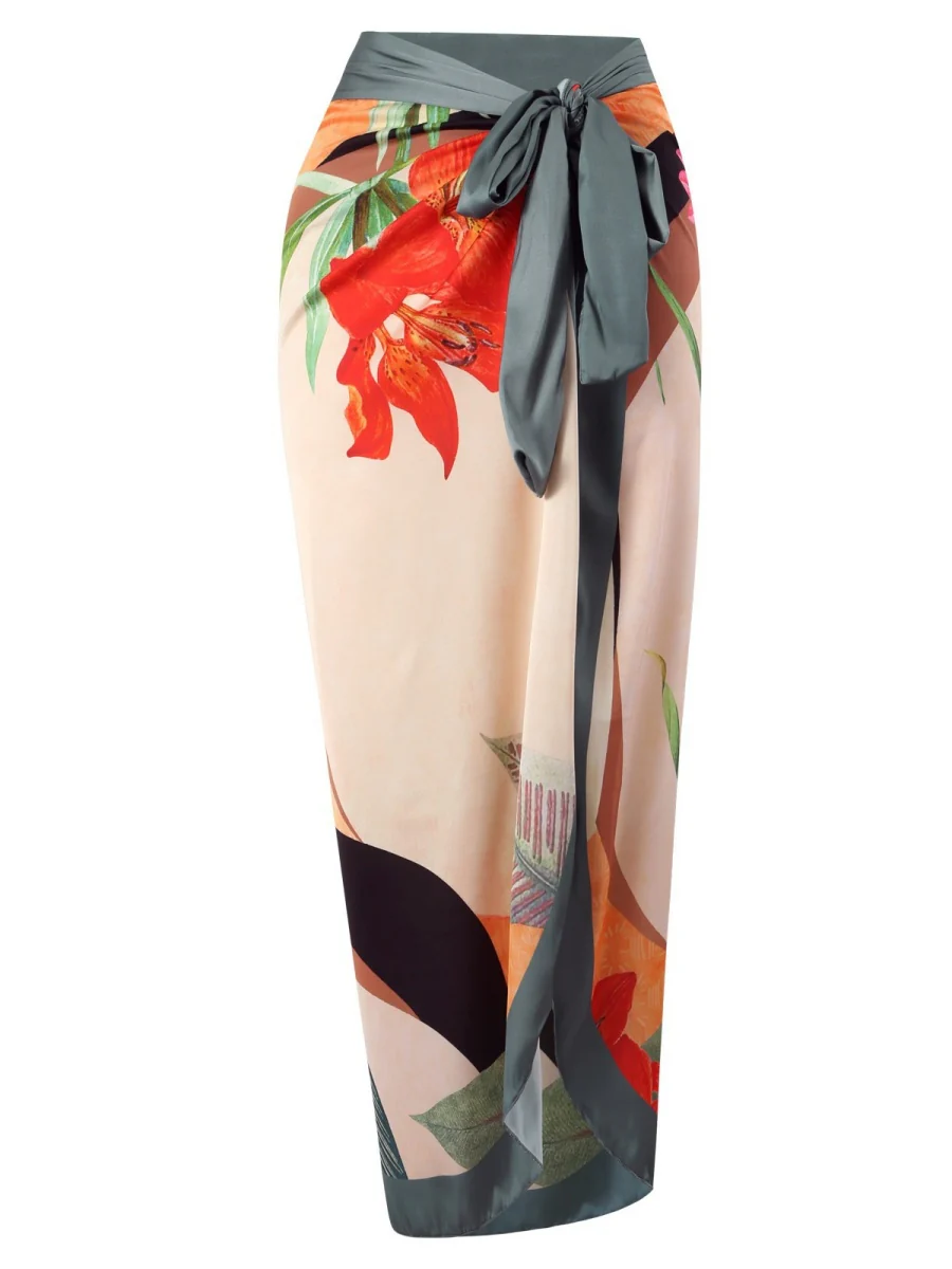 One-piece Swimsuit With Cross-over Print, Revealing Backpack And Hip-revealing Long Skirt (two-piece Set) - Image 6