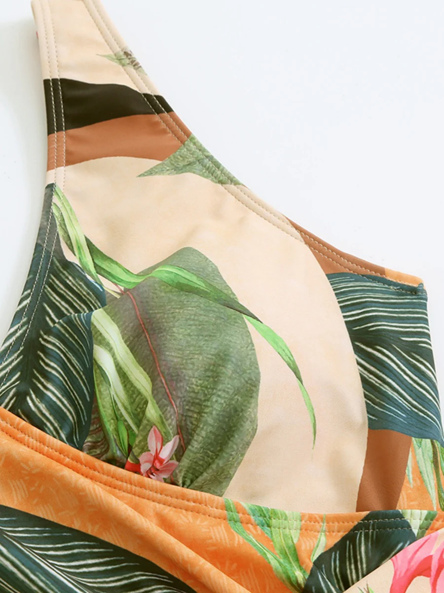 One-piece Swimsuit With Cross-over Print, Revealing Backpack And Hip-revealing Long Skirt (two-piece Set) - Image 8