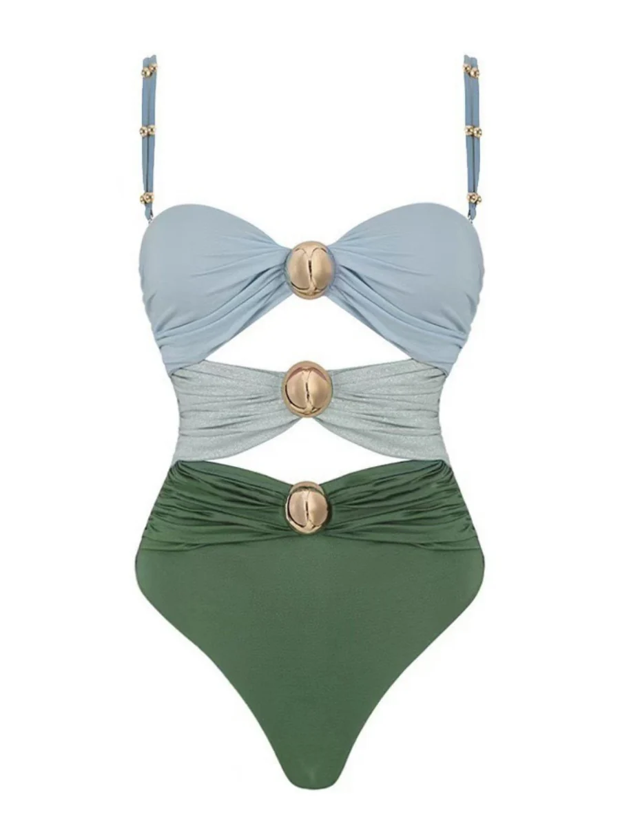 Solid Color Patchwork One-piece Swimsuit Cover-up Skirt Two-piece Set - Image 6