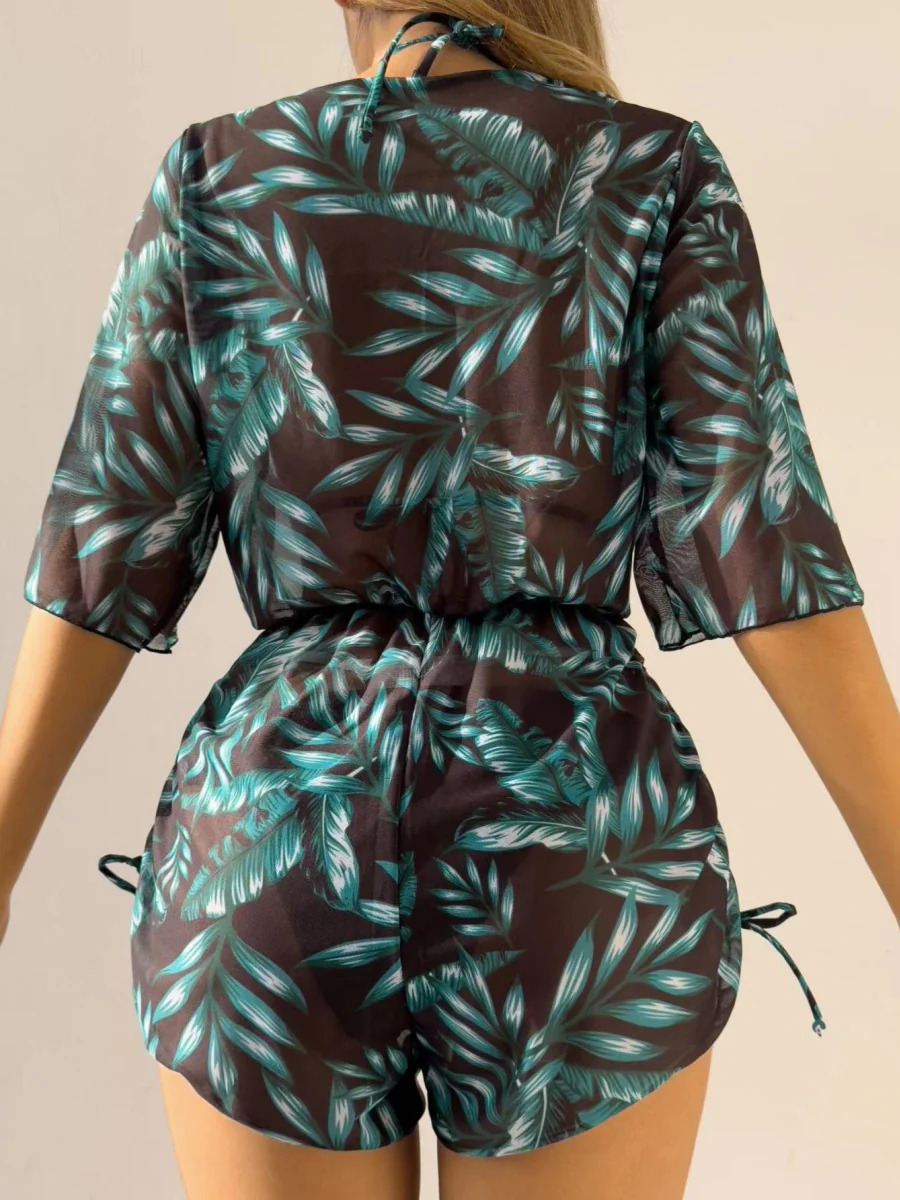 Leaf Print Waist-cinching Tie Long-sleeved Sun Protection Bikini Three-Piece Set - Image 10
