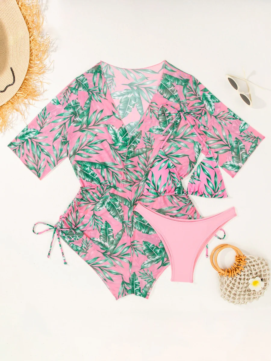 Leaf Print Waist-cinching Tie Long-sleeved Sun Protection Bikini Three-Piece Set - Image 12