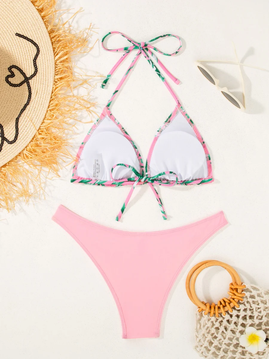 Leaf Print Waist-cinching Tie Long-sleeved Sun Protection Bikini Three-Piece Set - Image 13