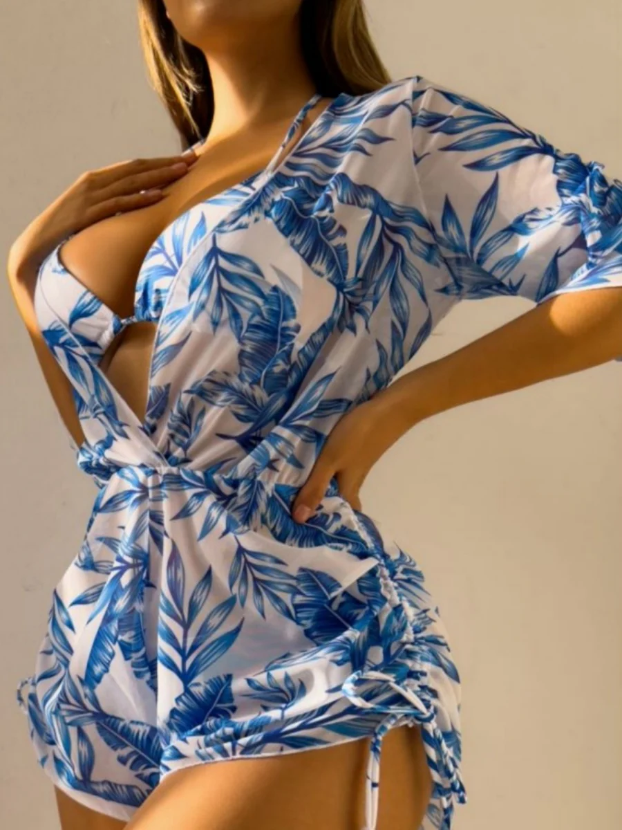 Leaf Print Waist-cinching Tie Long-sleeved Sun Protection Bikini Three-Piece Set - Image 3
