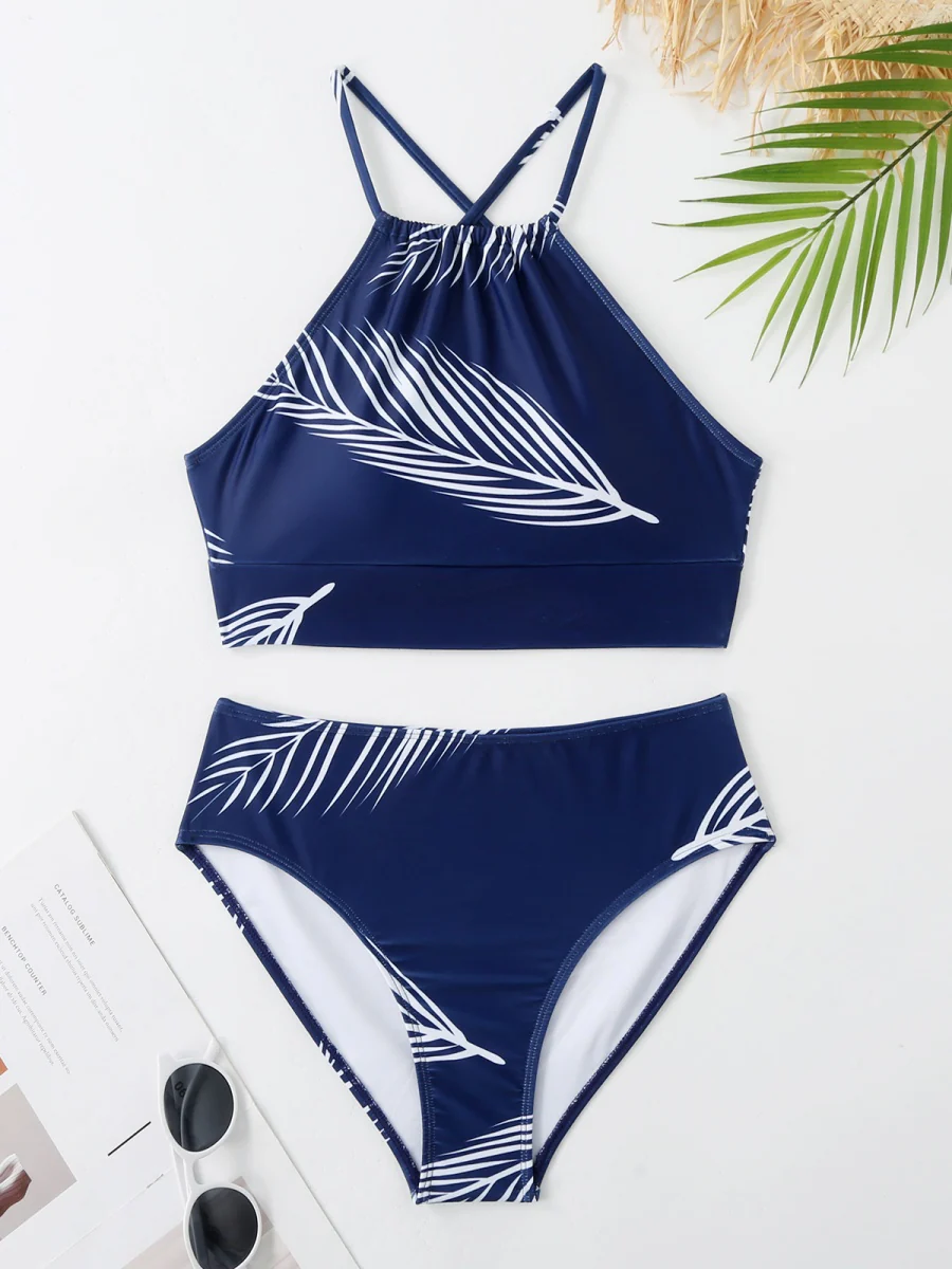 Feather Print Two-Piece Swimsuit With Sun Protection And Skirt (Three-Piece Set) - Image 13
