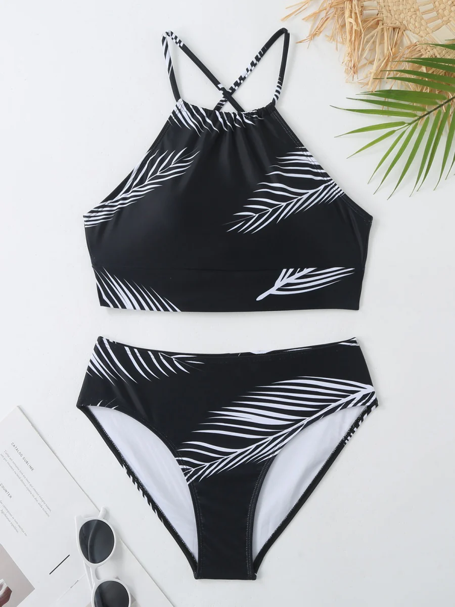 Feather Print Two-Piece Swimsuit With Sun Protection And Skirt (Three-Piece Set) - Image 2