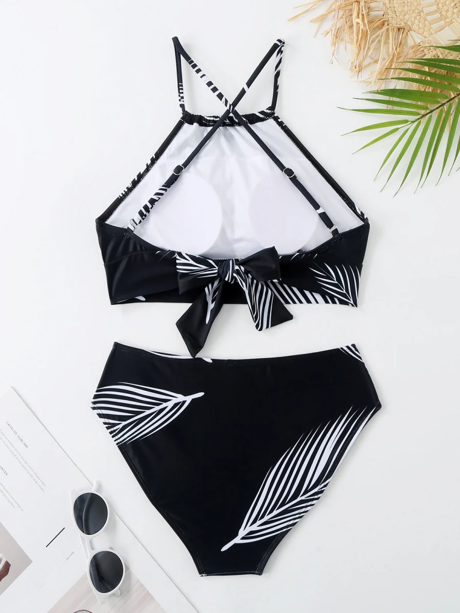 Feather Print Two-Piece Swimsuit With Sun Protection And Skirt (Three-Piece Set) - Image 3