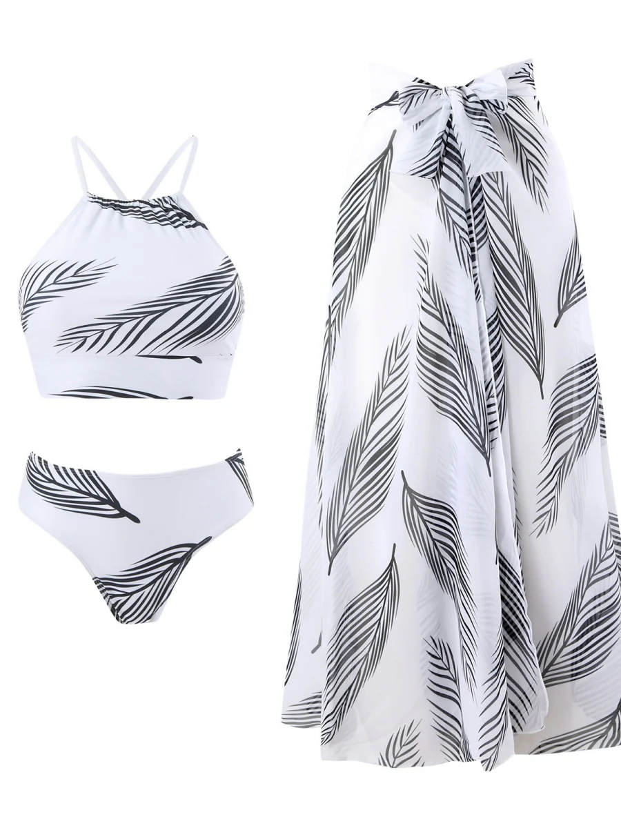 Feather Print Two-Piece Swimsuit With Sun Protection And Skirt (Three-Piece Set) - Image 6