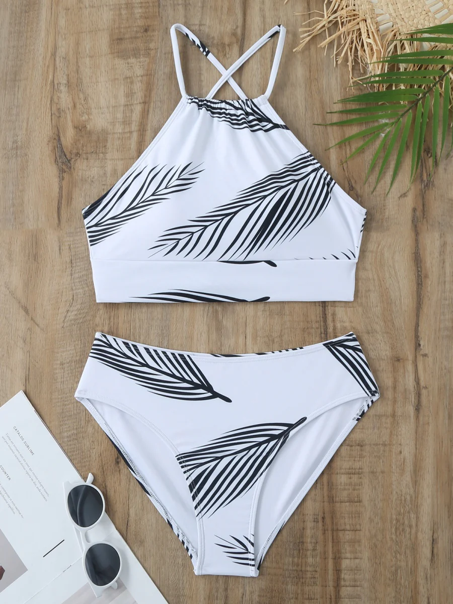 Feather Print Two-Piece Swimsuit With Sun Protection And Skirt (Three-Piece Set) - Image 7