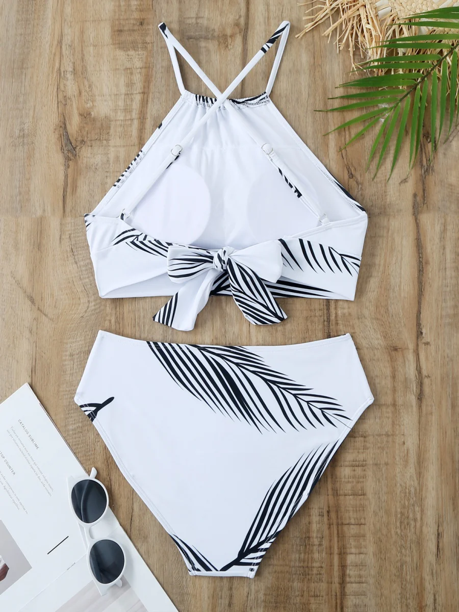 Feather Print Two-Piece Swimsuit With Sun Protection And Skirt (Three-Piece Set) - Image 8
