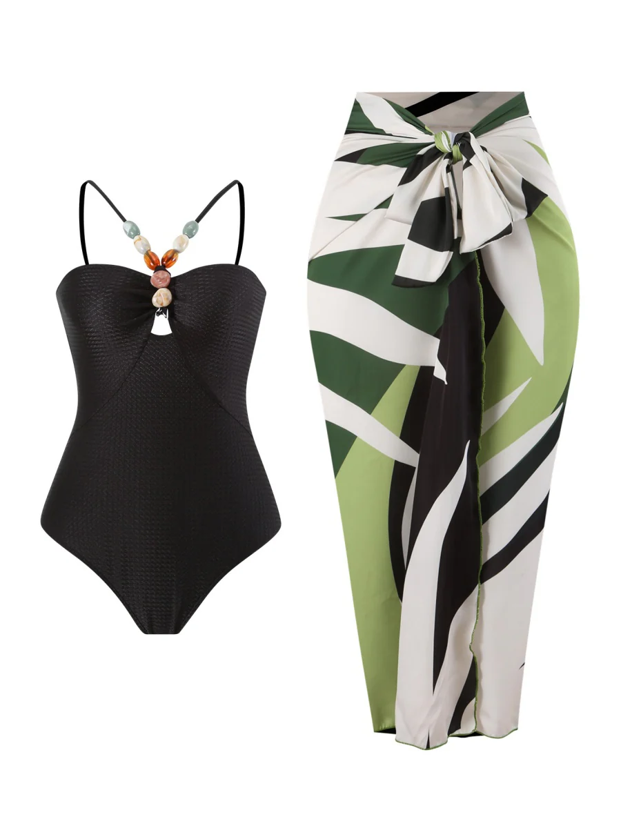 One-piece Swimsuit With Multi-colored Hollowed-out Gemstone Halter Straps, French Style. - Image 11